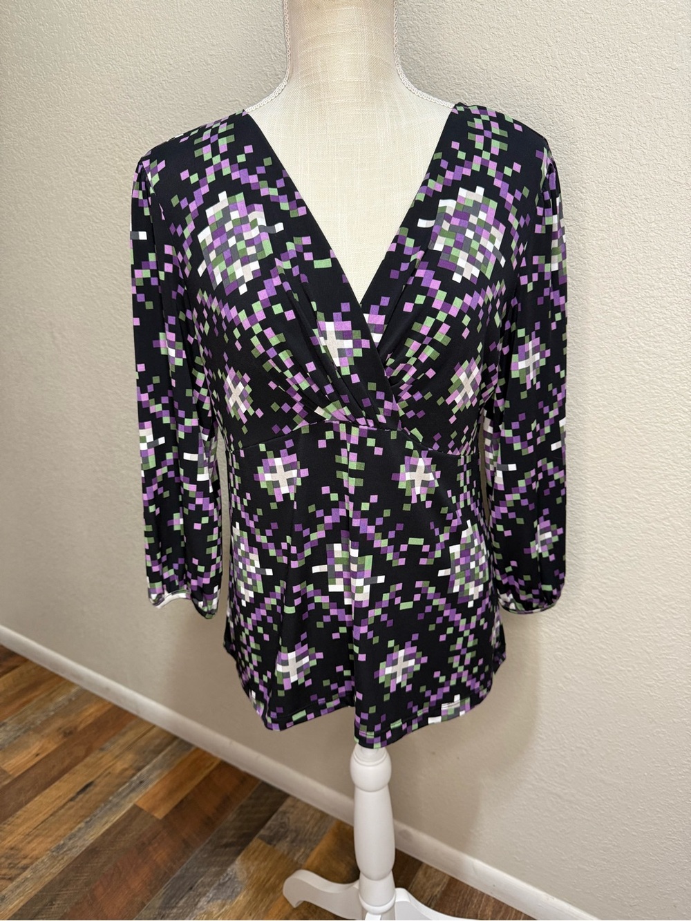 Alfani Petite - Women’s Black Pixel-Print Top with Purple & Green Accents - PM